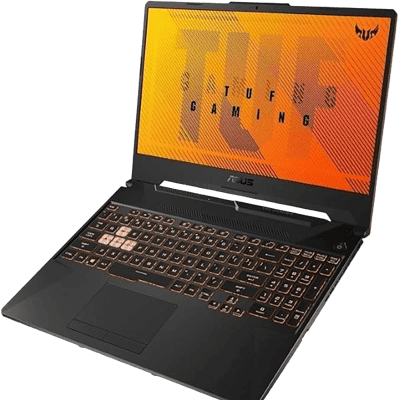 Gaming laptop with RGB backlit keyboard and TUF GAMING branding.