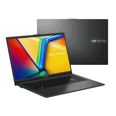ASUS Vivobook laptop open showing colorful screen, sleek black design, lightweight portable device, ideal for work and entertainment.