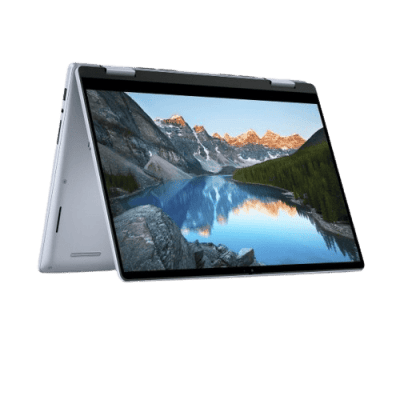 Android tablet with a mountain and lake landscape on screen, sleek design, capable of handling various media and productivity tasks.