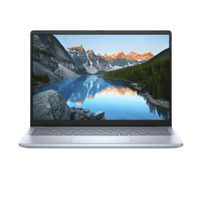 High-resolution laptop displaying a scenic mountain lake landscape with clear reflections and vibrant colors, emphasizing innovation and quality in technology.