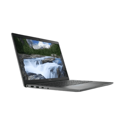 Dell laptop with high-resolution display showing a scenic nature waterfall, emphasizing affordable, innovative technology solutions for business and personal use.
