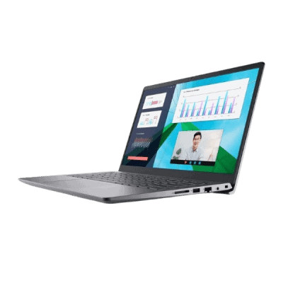 Laptop displaying data analytics and video conferencing with vibrant graphics and charts.