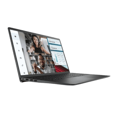 Laptop displaying a virtual meeting with diverse professionals, modern technology, and data analytics in the background.