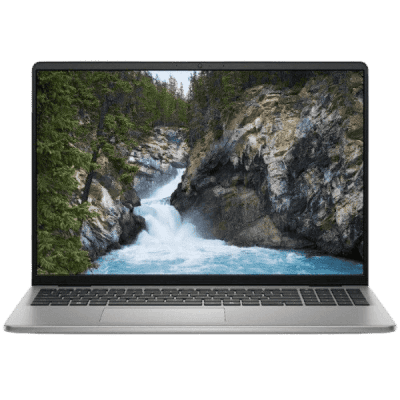 Mountain river flowing through rocks and trees displayed on a laptop screen in a nature setting.