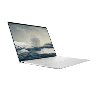 Laptop with a sleek design and high-resolution screen showcasing scenic landscape and celestial body, emphasizing technology and innovation.