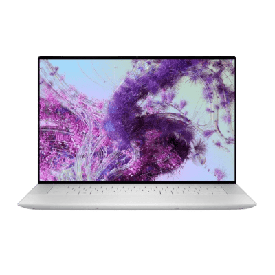 Laptop with vibrant purple abstract digital art display.