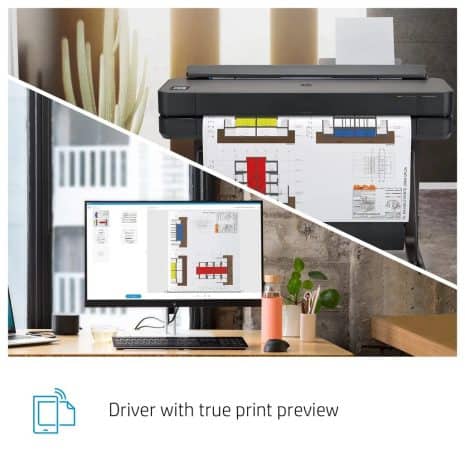 A4 colour printer printing detailed architectural plans in an office setting, showcasing efficient document printing technology.