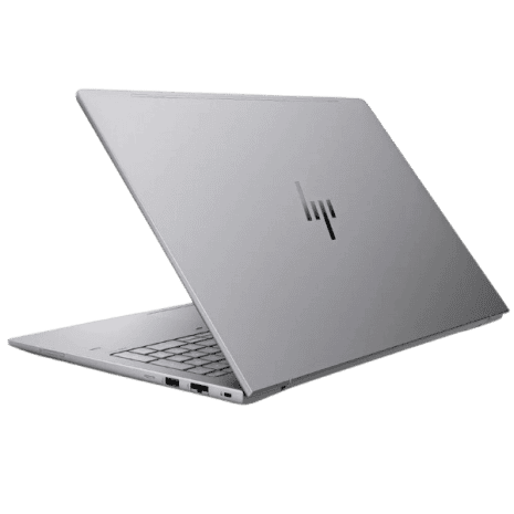 HP silver laptop open, showcasing sleek design and portability, suitable for modern business and gaming needs.