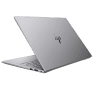 HP silver laptop open, showcasing sleek design and portability, suitable for modern business and gaming needs.