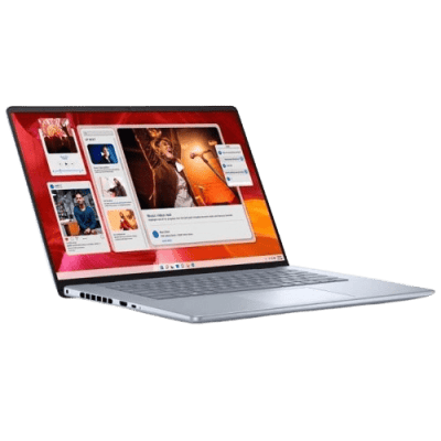 Laptop displaying a vibrant social media interface with multimedia content and user interactions, showcasing modern digital technology solutions.