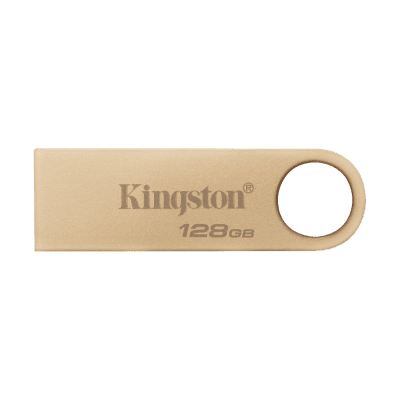 USB flash drive with Kingston logo and 128GB storage capacity on a plain background.