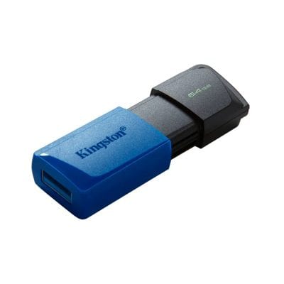 USB flash drive with Kingston branding, black and blue design, compact and portable, ideal for data storage and transfer.