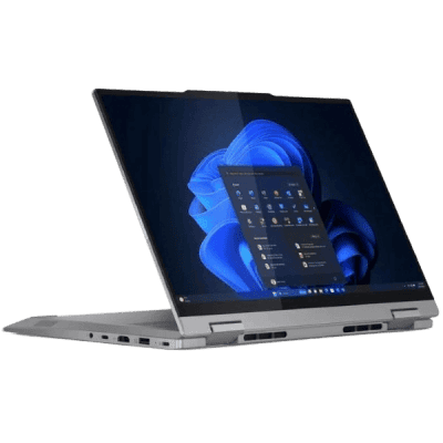 Laptop computer with Windows 11 interface on screen, modern tech, sleek design, representing affordability and innovation in technology solutions.