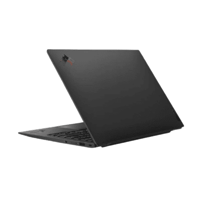 Lenovo ThinkPad laptop, black, open at an angle, showcasing its sleek design and keyboard, ideal for business and professional use, emphasizing innovation and affordability.