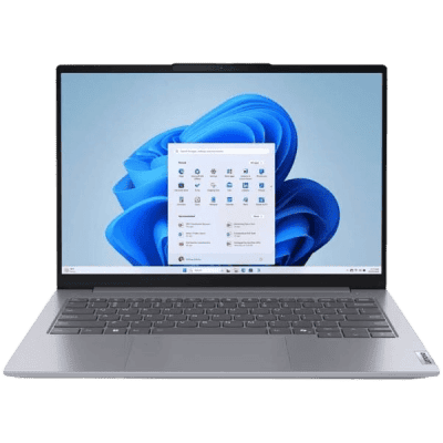 Laptop displaying Windows 11 desktop with application icons and start menu, modern technology, user interface, portability, digital innovation.