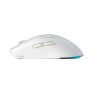 Light grey wireless computer mouse with gold accents and a blue LED scroll wheel, sleek ergonomic design, ideal for office and gaming use.
