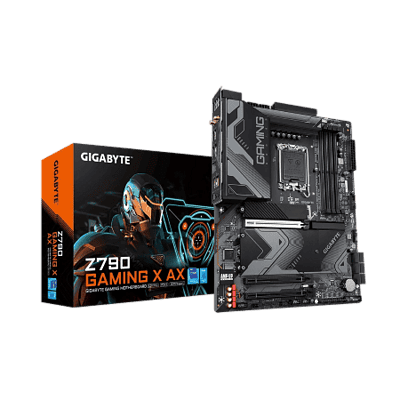 GIGABYTE Z790 Gaming X AX motherboard with packaging, designed for high-performance gaming and advanced computing solutions.