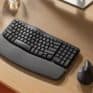 Wireless ergonomic keyboard with wrist support and wireless mouse on wooden office desk, suitable for office productivity and home workspace setup.