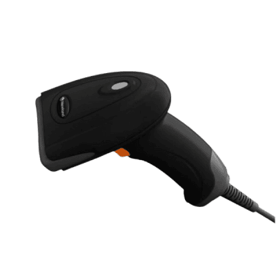 Barcode scanner device for retail or warehouse management systems, handheld barcode scanner with ergonomic design and wired connection for efficient inventory tracking.