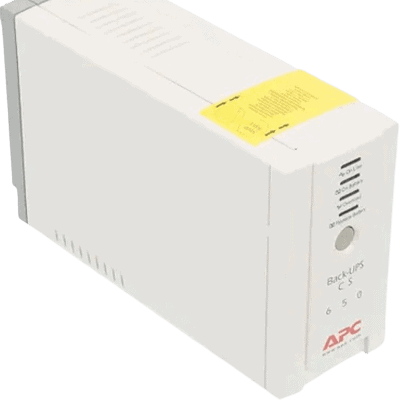 UPS power supply unit with APC branding, featuring simple control panel and warning label, ideal for uninterrupted power backup in network and data center environments.