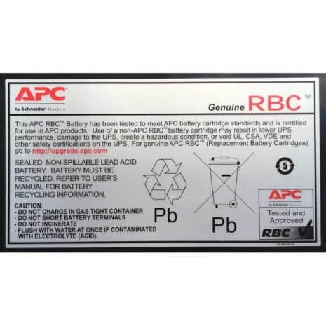 APC genuine RBC battery label with safety and recycling icons, suitable for UPS backup power systems and electrical equipment in South Africa.