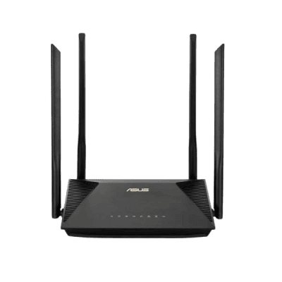 Wireless router with four antennas and ASUS branding, representing high-speed internet connectivity and advanced networking solutions.