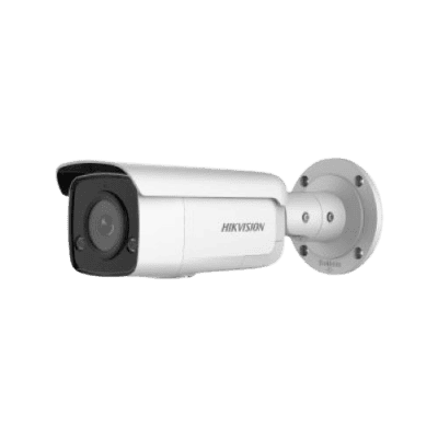 High-resolution Hikvision security camera mounted on white wall for surveillance and security. Suitable for both commercial and residential safety applications.