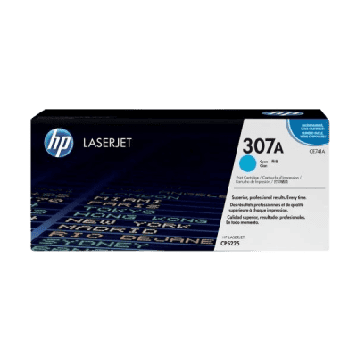 LaserJet 307A cyan toner cartridge for HP printers, high-quality printing supplies for professional output.