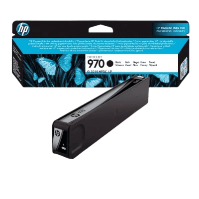 HP 970 OfficeJet black pigment ink cartridge suitable for professional printing and durability, ideal for high-volume offices.