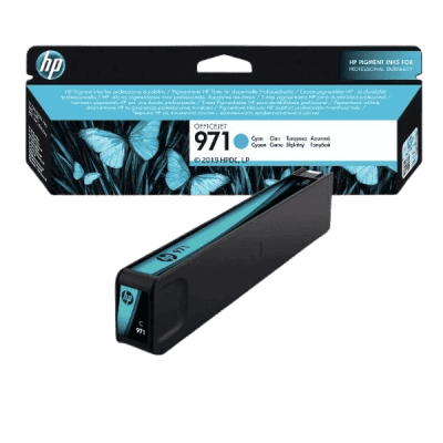 Cyan HP 971 OfficeJet ink cartridge for vibrant professional printing, compatible with HP OfficeJet printers, ensuring high-quality images and text for business or personal use.