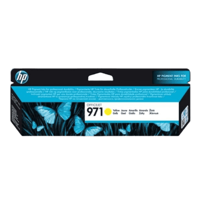 HP 971 yellow ink cartridge for professional printing and vibrant colour output, compatible with HP OfficeJet printers, ensuring high-quality documents and images.