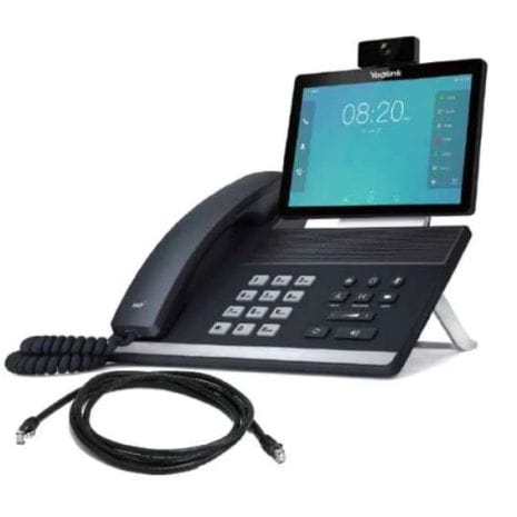 Advanced office VoIP phone with touchscreen display and integrated camera for seamless communication solutions.