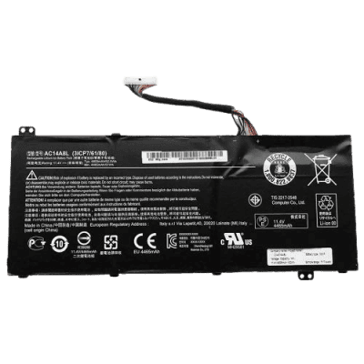 Rechargeable lithium-ion laptop battery with safety labels and wiring for portable power solutions.