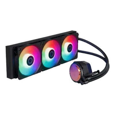 RGB cooling fan with liquid CPU cooler, gaming PC cooling system, high-performance computer cooling component, decorative RGB lighting for gaming setups, optical computer cooling hardware.