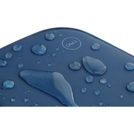 Water droplets on a blue Dell laptop cover, emphasizing durability and water resistance suitable for professional tech environments.