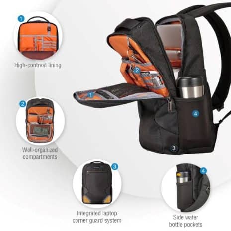 High-contrast backpack interior with organized compartments and built-in laptop corner guard system, featuring side pockets for water bottles, perfect for students and professionals.