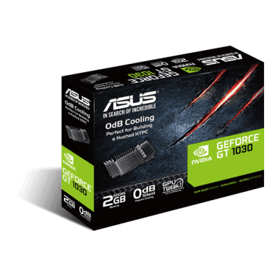 NVIDIA GeForce GT 1030 graphics card box, featuring ASUS branding and 2GB DDR5 memory for superior gaming and multimedia performance.