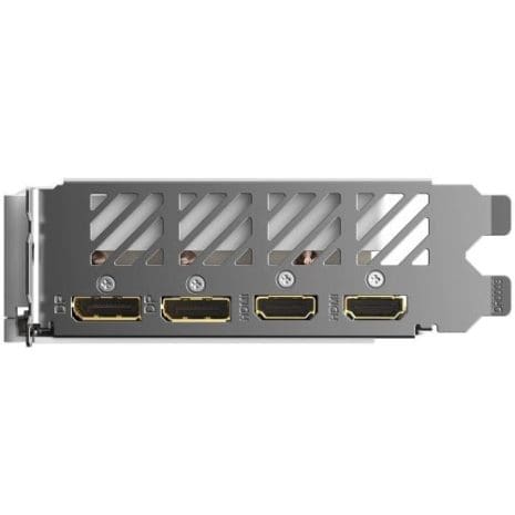 High-performance graphics card backplate with multiple HDMI ports and ventilated design for optimal cooling and connectivity in gaming and professional setups.