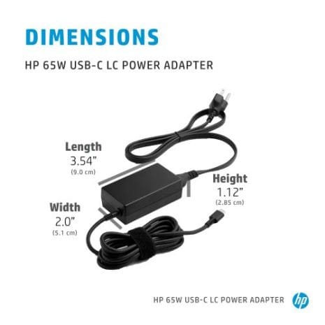 A black HP 65W USB-C laptop power adapter with dimensions and cable. Designed for reliable charging solutions for laptops and compatible devices. Compact and lightweight for portability.