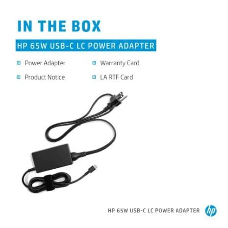 High-quality HP 65W USB-C LC power adapter with warranty card and product notice, ideal for reliable device charging and power solutions. Suitable for various compatible laptops and electronics.