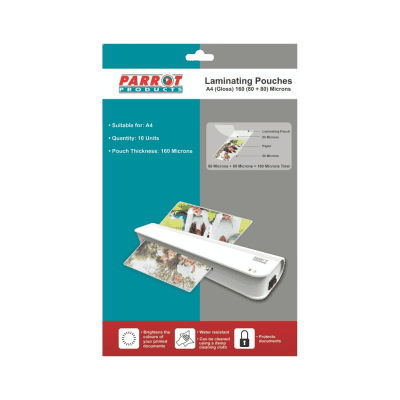 A4 laminating pouches for document protection, pack of 10, 160 Micron thickness, ideal for preserving printed documents with affordability and durability.