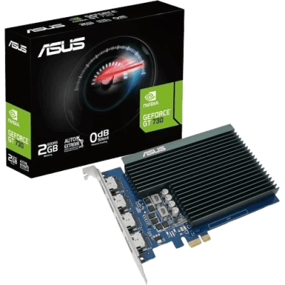 GeForce GTX 730 graphics card with heatsink and Nvidia branding for gaming and high-performance computing.