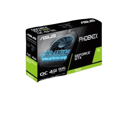 GEFORCE GTX 1650 graphics card box, NVIDIA graphics card for gaming and graphics performance, high-quality PC hardware, ASUS gaming GPU, 4GB GDDR5 VRAM, computer upgrade component.