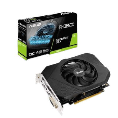 ASUS Phoenix GeForce GTX 1650 graphics card with large cooling fan and packaging box, ideal for gaming and high-performance computing.