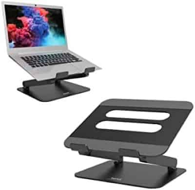 Adjustable laptop stand for ergonomic comfort, compatible with various devices, ideal for home or office use.
