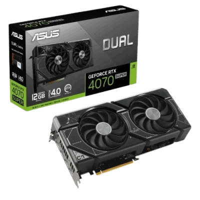 ASUS GeForce RTX 4070 Super graphics card and packaging, high-performance gaming and computing hardware, innovative technology, affordability, gaming graphics, ideal for gamers and professionals.