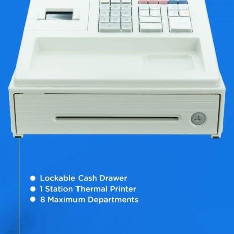 Cash register with thermal printer and lockable cash drawer, designed for retail and departmental use, supporting up to 8 departments for efficient cash management.