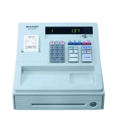 A commercial cash register with a digital display, receipt printer, and keypads, used for retail and hospitality transactions.