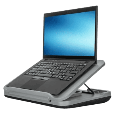 Lightweight laptop on a portable stand showcasing innovative and affordable tech solutions for business and education.