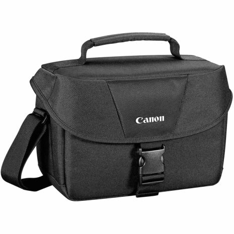 Lightweight black Canon camera equipment bag with adjustable strap and secure buckle, ideal for professionals and enthusiasts to safely store and transport camera gear and accessories.